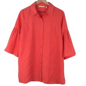 SOFT SURROUNDINGS Linen Blend Tunic Top Women's Sz S Coral Bell Sleeve Button Up